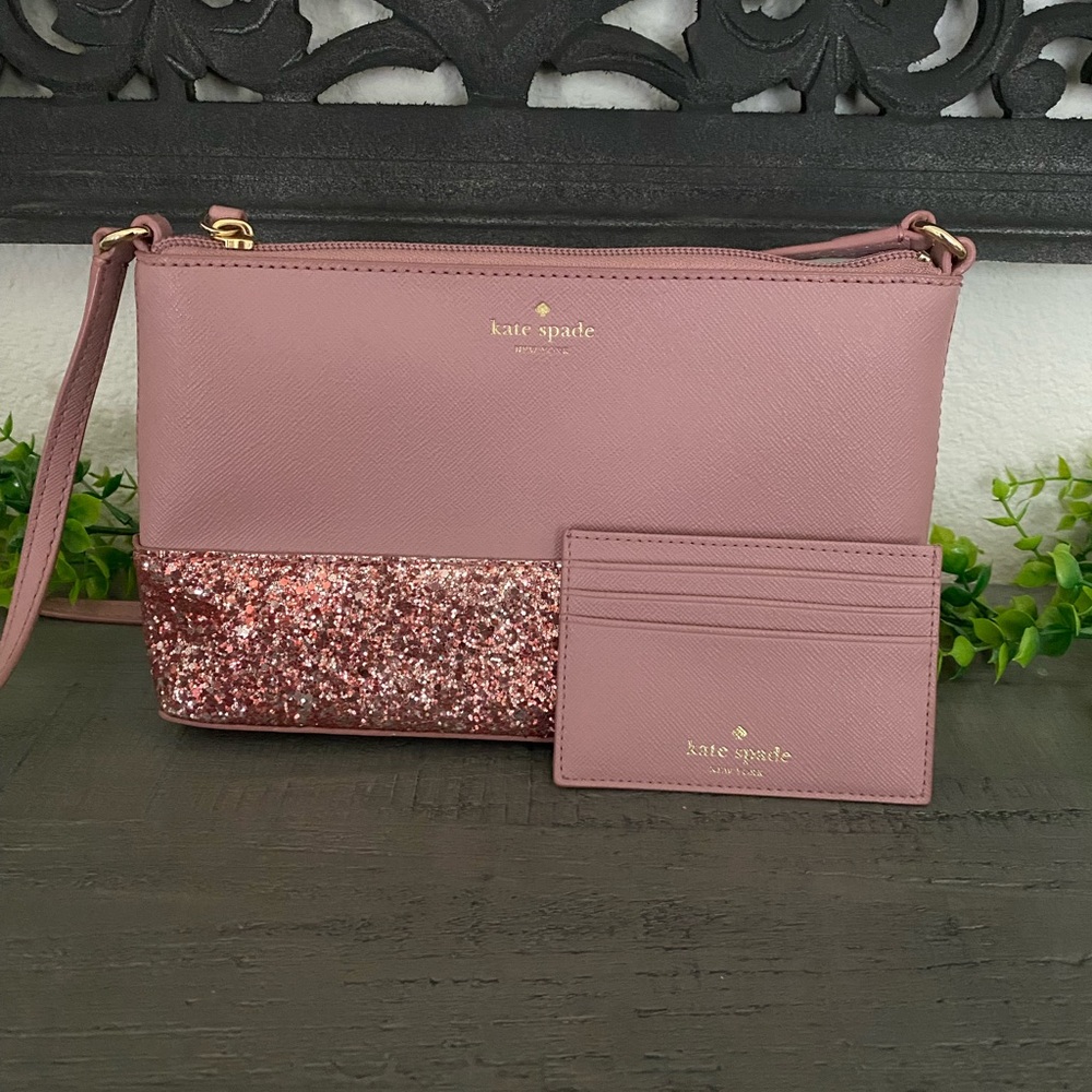 Kate Spade New York pink glitter crossbody bag with matching card holder